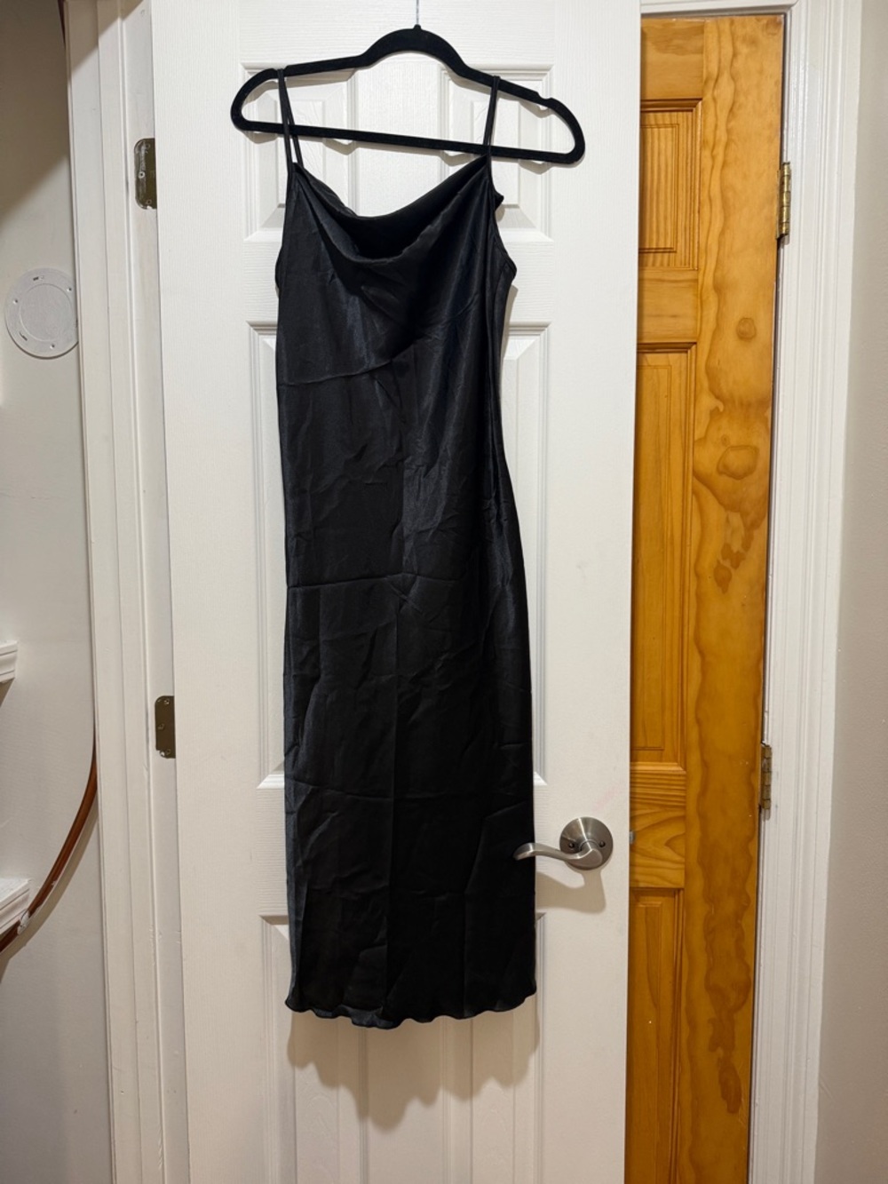 bebe Black Satin Cowl Neck Midi Slip Dress